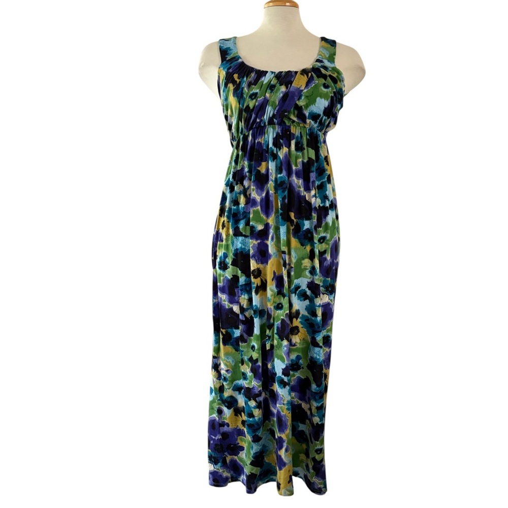 Blue Green Yellow Floral Sleeveless Scoop Neck Maxi Sundress